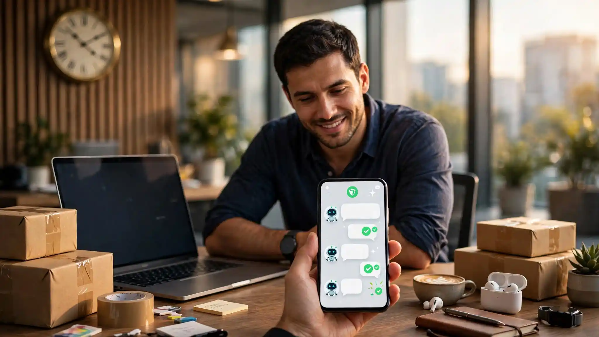 Phone showing a WhatsApp chat beside a pending business verification form