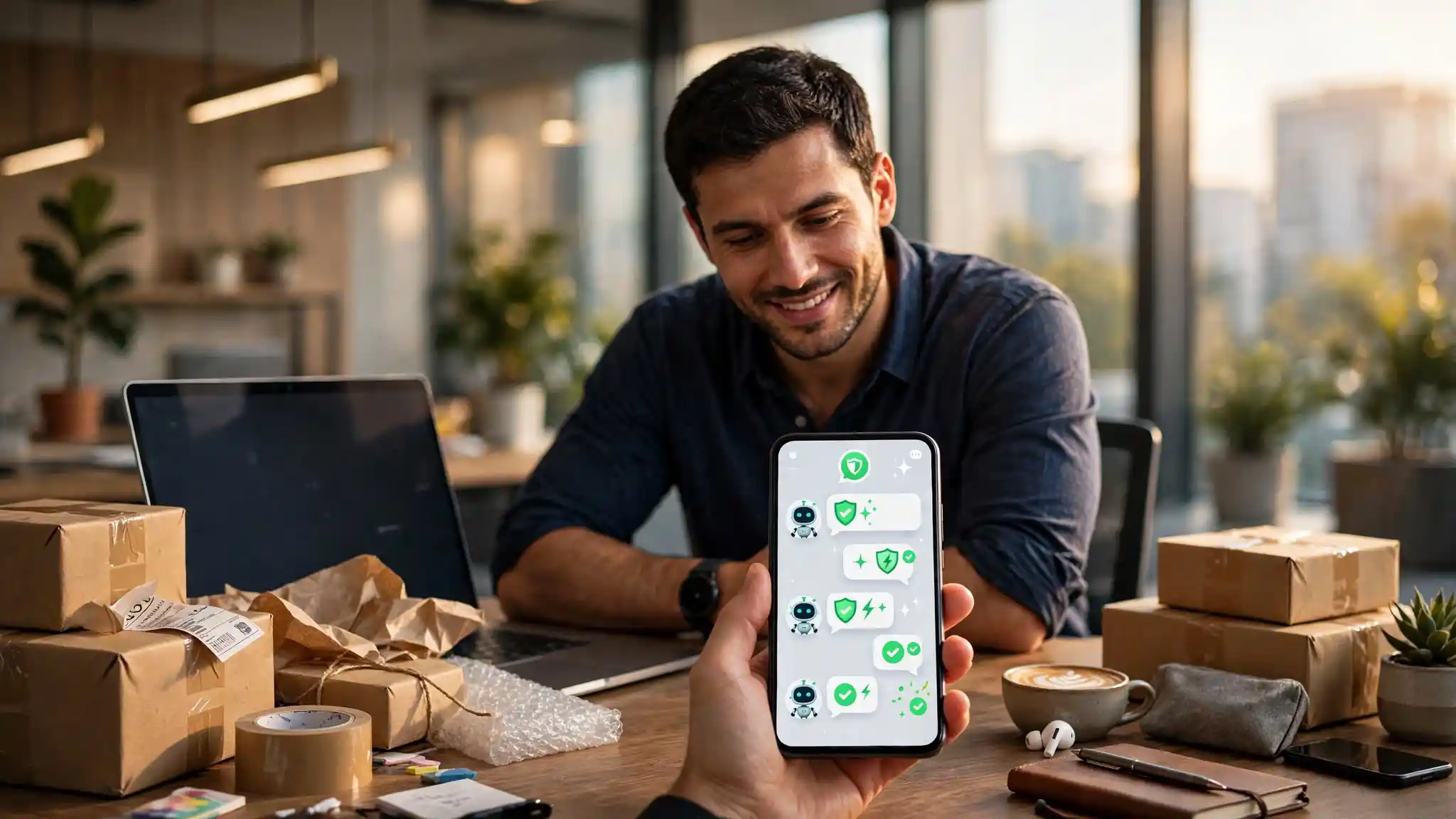 Teléfono con una conversación de WhatsApp junto a un formulario de verificación pendiente