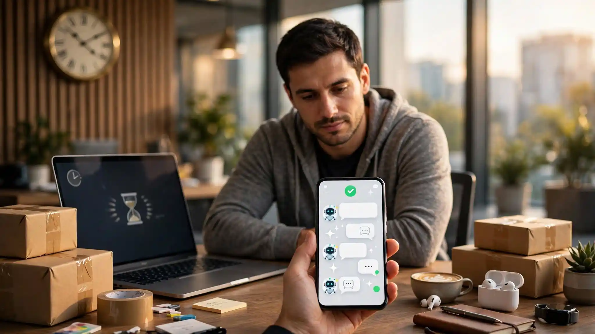 Téléphone affichant une conversation WhatsApp à côté d'un formulaire de vérification en attente
