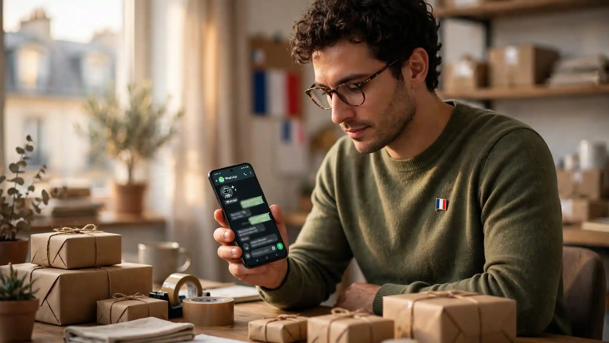 Main tenant un téléphone sur lequel une réponse WhatsApp part toute seule